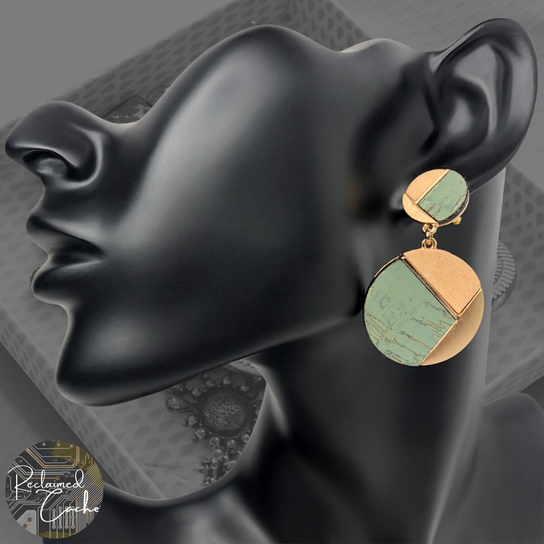 Mint, Tan, And Gold Geometric Circle Earrings